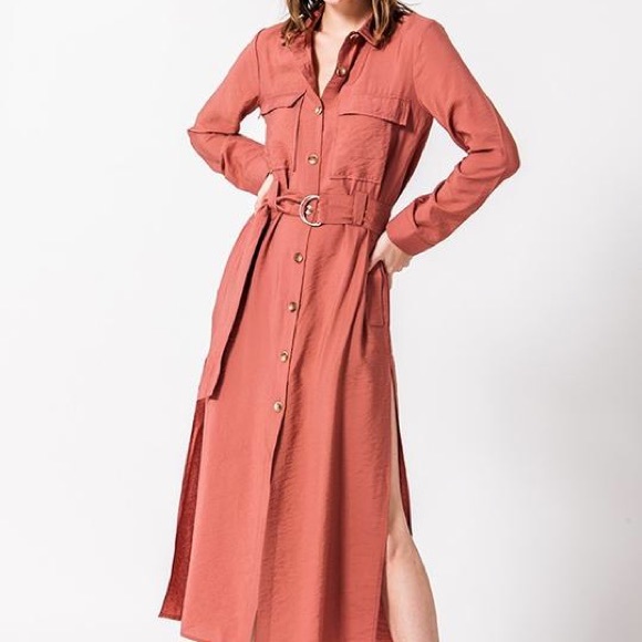 Button Down Midi Shirt Dress With Belt - Picture 3 of 6